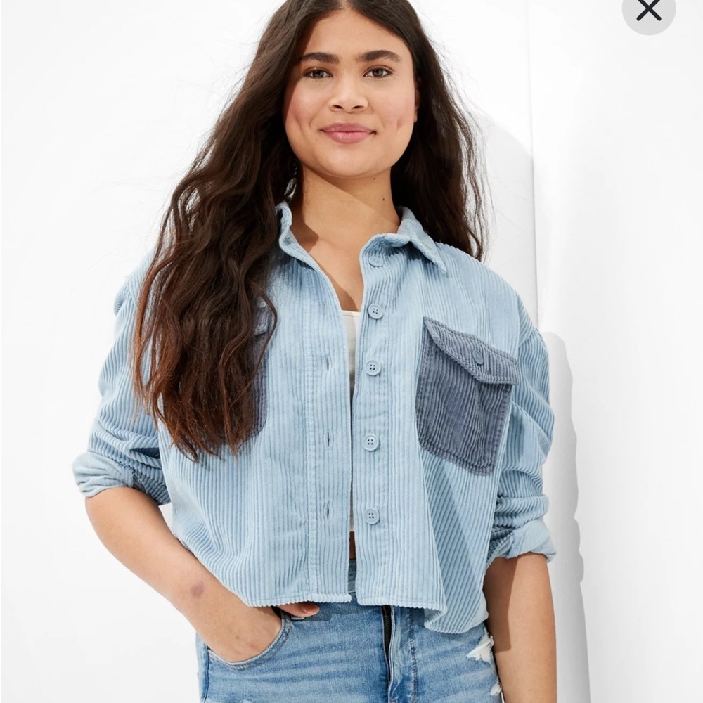 Blue Corduroy Women's shirt Jacket American Eagle size medium wide whale - Picture 3 of 6